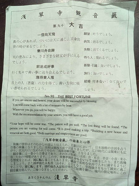 The back of the lucky fortune, with the explanation in modern Japanese, English and Chinese. No.90 THE BEST FORTUNE If you are sincere and honest, your desire will be successful by blessing. You will come back with a lot of treasures by boat. Wherever you go, you will be happy. With the recommendation by your seniors, you will have a good job. *Your hope will come true. *The patient will get well. *The lost thing will be found. *The person you are waiting for will come. *It is good making a trip. *Building a new house and removal are both good. *Both marriage and employment are good.