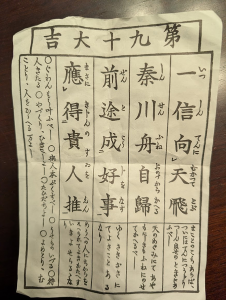 The front of the lucky fortune, written in traditional Japanese style and nearly unreadable, but pretty
