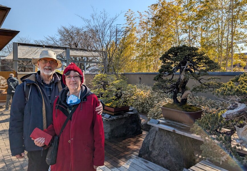 Mom and Dad standing in the bonsai gardens with several bonsai behind them.